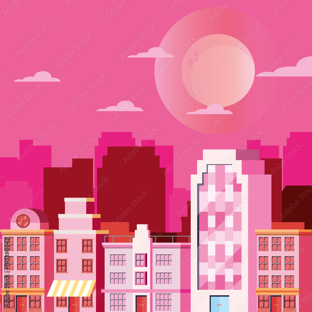 Old retro design of Urban city landscape, pink shading design. vector illustration