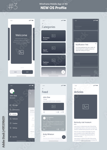 Wireframe kit for mobile phone. Mobile App UI, UX design. New OS Profile. Walkthrough, welcome, sign in, sign up, profile, account, login, search and menu screens.
