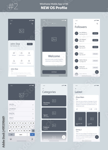 Wireframe kit for mobile phone. Mobile App UI, UX design. New OS Profile. Walkthrough, welcome, sign in, sign up, profile, account, login, search and menu screens.
