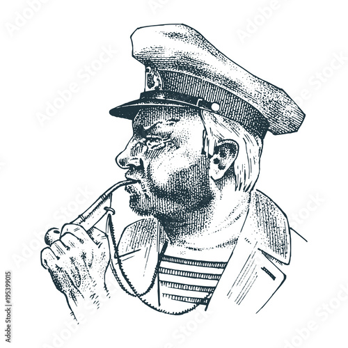 Boatswain with pipe. sea captain, marine old sailor or bluejacket, whistle and seaman with beard or men seafarer. travel by ship or boat. engraved hand drawn in old boho sketch.