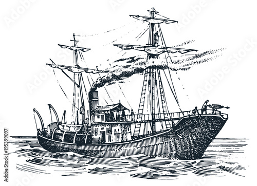Motor ship in the sea, summer adventure, active vacation. Seagoing vessel with steam smoke from the pipe, nautical marine sailboat. water transport in the ocean. engraved hand drawn in vintage style.