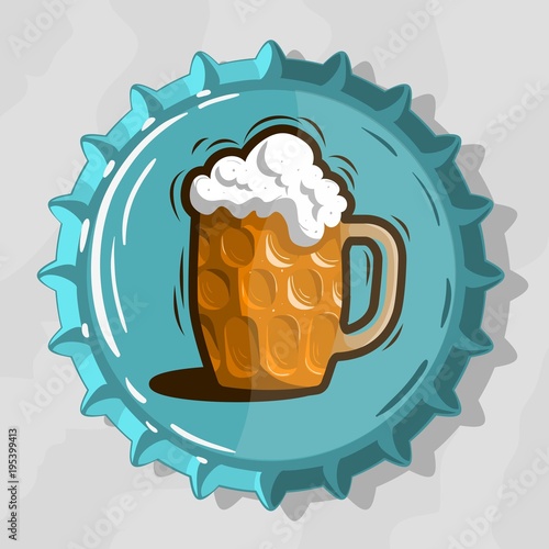 Glass Mug Of Draft Beer With Foam On Top View Beer Bottle Cap.