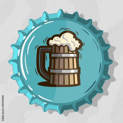 Wooden Mug Of Draft Beer With Foam On Top View Beer Bottle Cap.