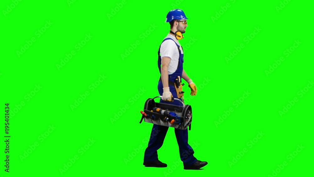 Working builder goes to work with a suitcase with tools. Green screen. Side view Working builder goes to work with a suitcase with tools. Green screen. Side view