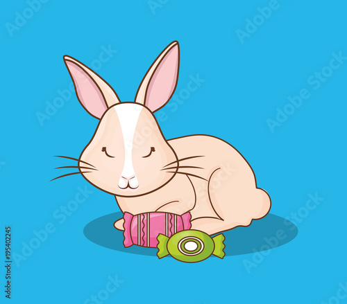 Cute rabbit with candies over blue background, colorful design vector illustration
