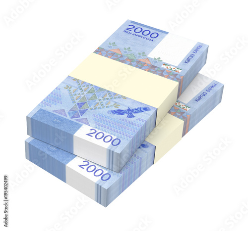 Kyrgyzstani som bills isolated on white with clipping path. 3D illustration.