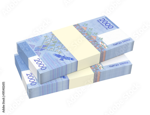 Kyrgyzstani som bills isolated on white with clipping path. 3D illustration.