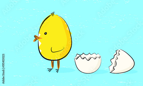 Easter chick and hatched egg illustration on blue background