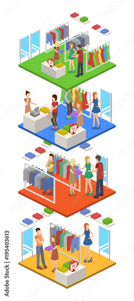 Isometric 3D vector illustration concept shopping in clothes store