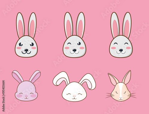 Icon set of cute rabbits over pink background  colorful design vector illustration