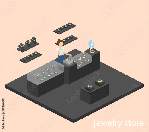Isometric flat 3D concept vector illustration interior of jewelry store.