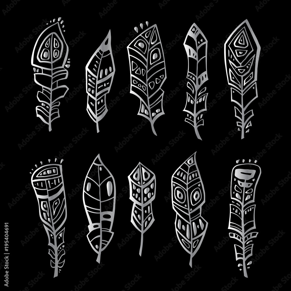 Ethnic Feathers Set. Hand drawn vector illustration. Design element Ethnic Feathers Set. Hand drawn vector illustration. Design element