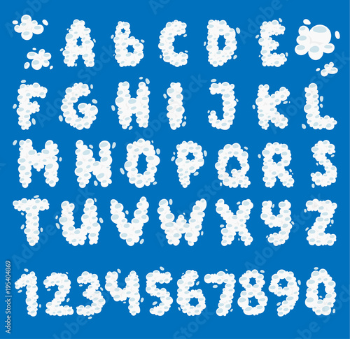English alphabet from clouds on blue sky background cloudy alphabet decoration number typeface symbol blue sky ABC text. Weather text heaven design cloud alphabet letter typeset