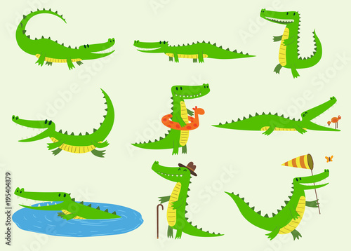 Cartoon vector crocodiles characters different green zoo animals. Cute crocodile funny animal with bath toy and big teeth. Happy predator reptyle character mascot comic color illustration