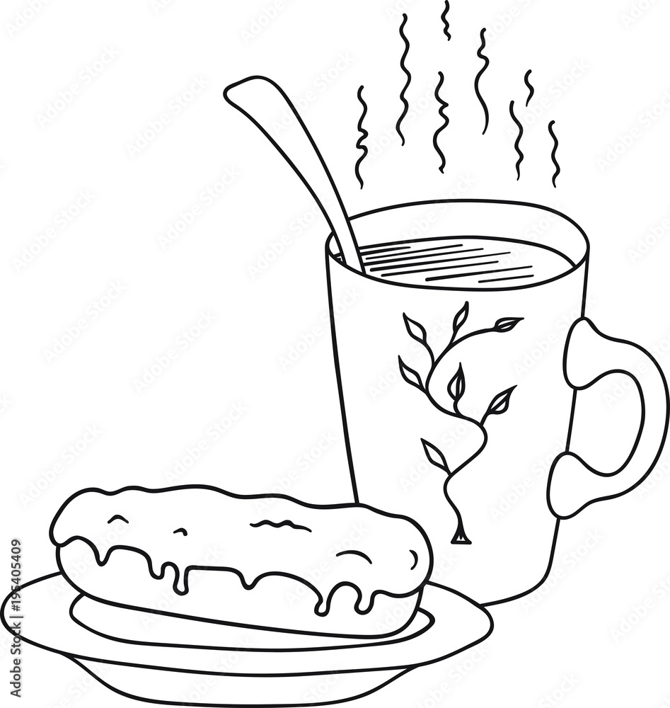 Vector hand drawn illustration of a cup of coffee with a croissants, a  spoon on a plate. Chalkboard background, white drawing. Sketch icon and  bakery element. 18974702 Vector Art at Vecteezy