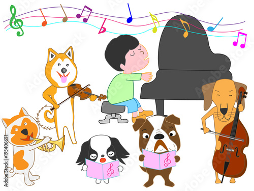犬のコンサート。犬が歌ったり、楽器を演奏したりしている。