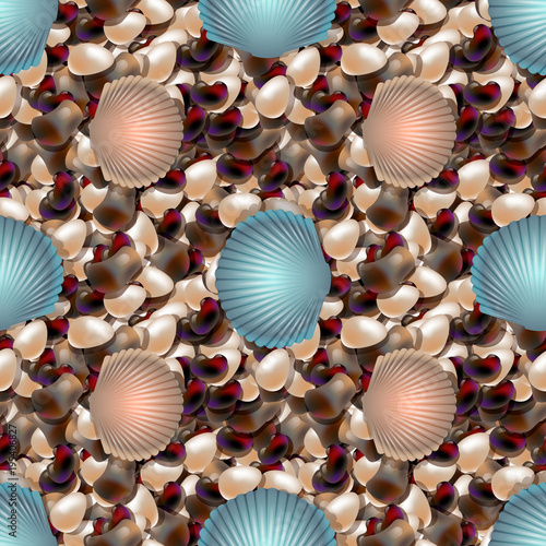  Ocean shore with colored sea stones. Sea pebble with shells seamless pattern of different shapes.