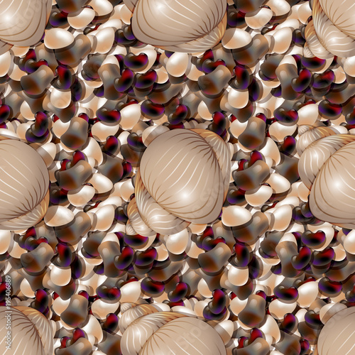  Ocean shore with colored sea stones. Sea pebble with shells seamless pattern of different shapes.