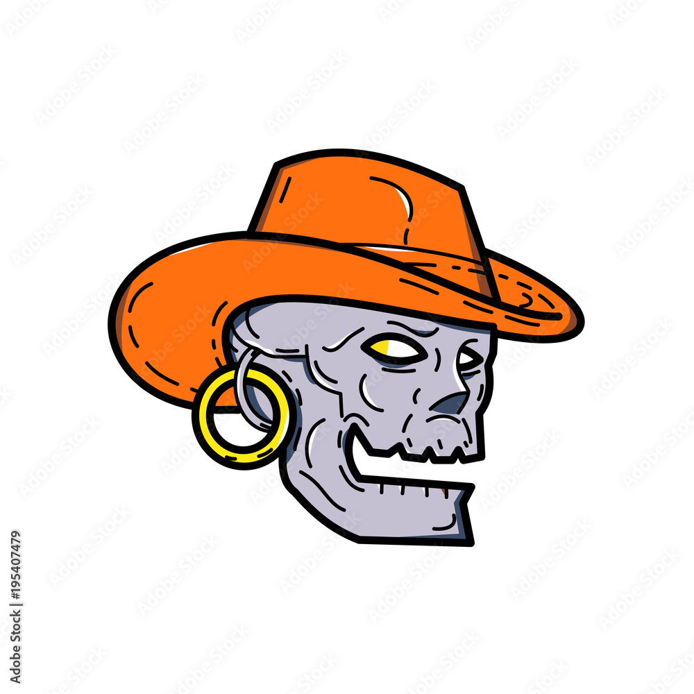 Mono line illustration of a pirate skull wearing a cowboy  hat and earring looking to side on isolated background done in monoline style.