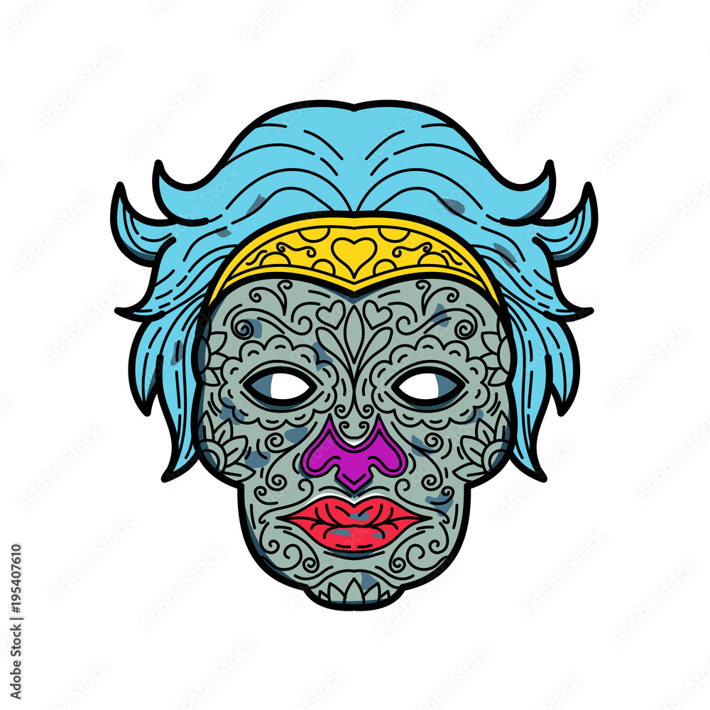 Mono line illustration of a female calavera or sugar skull, an edible decorative skull made from sugar or clay used in Mexican celebration of the Day of the Dead or Dia de Muertos in monoline style.