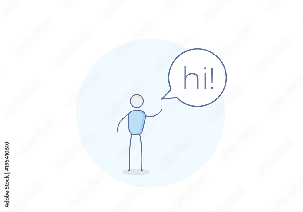 Cartoon stick figure character saying hi on a speech bubble. Vector
