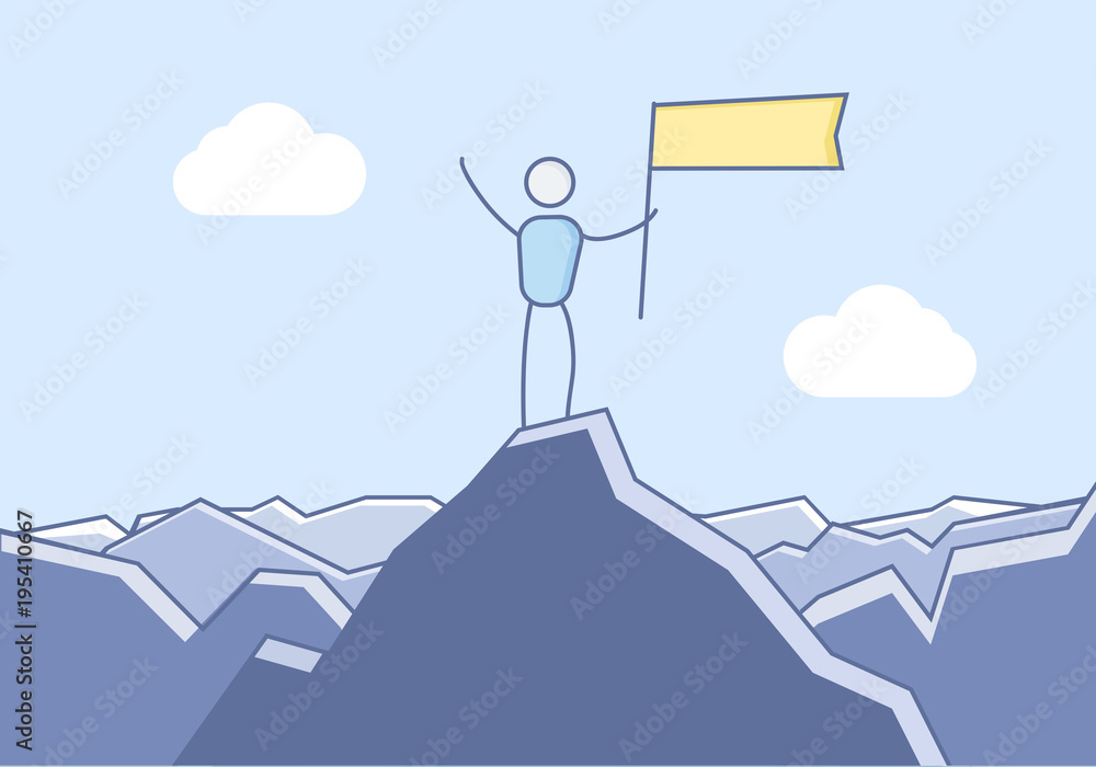 Character reaching the top of the mountain and celebrating. Vector illustration for motivation and success concepts. Character reaching the top of the mountain and celebrating. Vector illustration for motivation and success concepts.