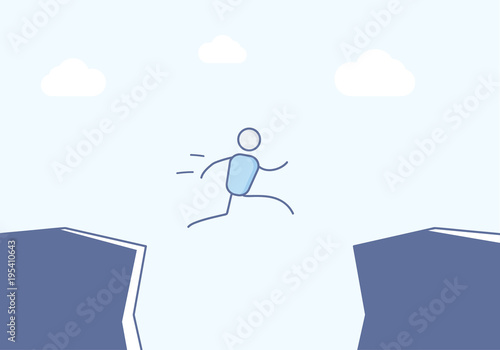 Cartoon stick figure jumping between cliffs. Vector illustration for different concepts like taking a chance, risk, success, obstacles etc. Design in eps10 format