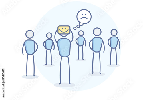 Depressed cartoon character hiding his true feelings. Vector illustration for Loneliness, depression, sadness, introversion and other concepts. Eps10 format