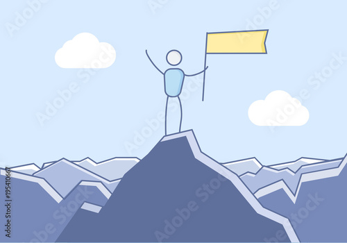 Character reaching the top of the mountain and celebrating. Vector illustration for motivation and success concepts.