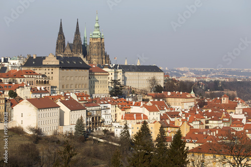 Sunny frosty winter Prague City with gothic Castle, Czech Republic