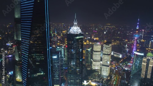 SHANGHAI, CHINA - MAY 5, 2017 Aerial drone video, night time illuminated famous pudong cityscape photo