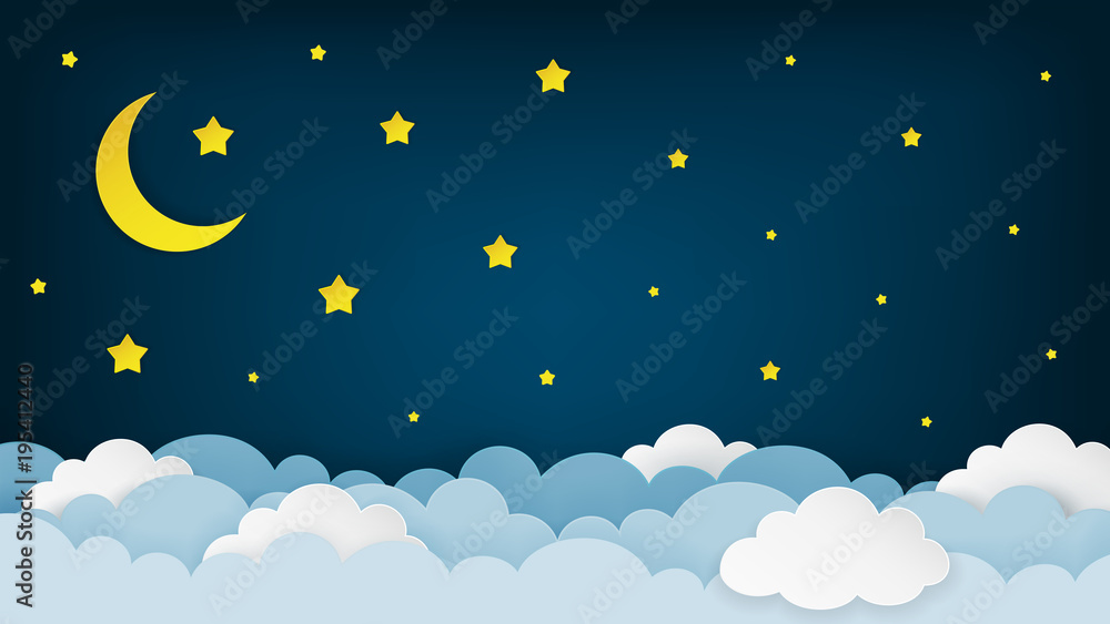 custom made wallpaper toronto digitalCrescent moon, stars, and clouds on the midnight sky background. Night sky scenery background. Paper art style. Vector Illustration.