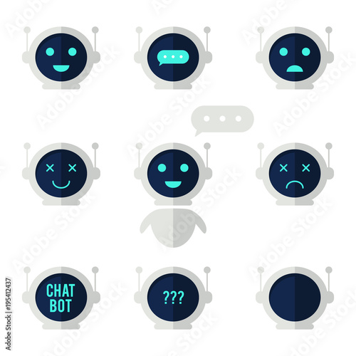 Chat bot icon set. Robot with speech bubble and different emotions. Virtual assistant for website, mobile app and customer service