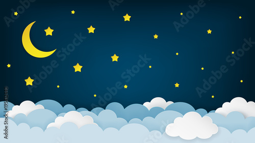 Crescent moon, stars, and clouds on the midnight sky background. Night sky scenery background. Paper art style. Vector Illustration.