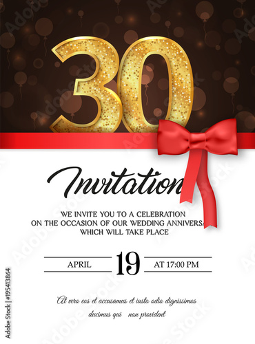 Template of invitation card to the day of the thirtieth anniversary with abstract text vector illustration. To 30 th years eve card invite
