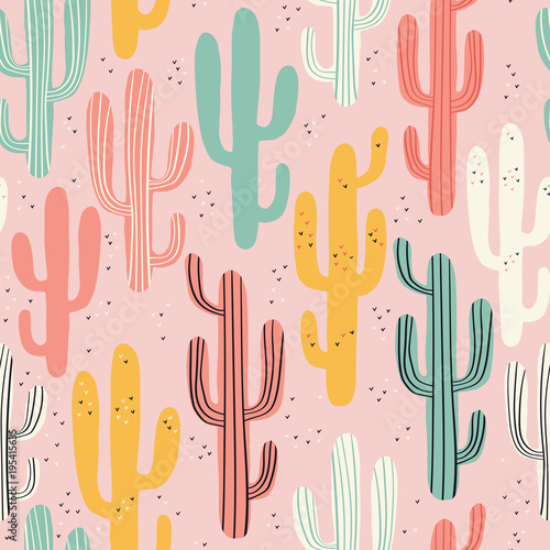 Long multicolored cacti on pink background. Seamless pattern with lovely cactus in vector.