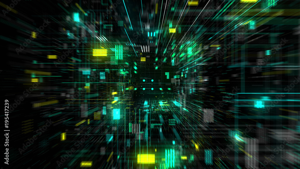 Fototapeta premium Futuristic HUD tunnel. Display screens for tech titles and background, news headline business intro. Motion graphic for abstract data center, server, internet, speed. 3D render