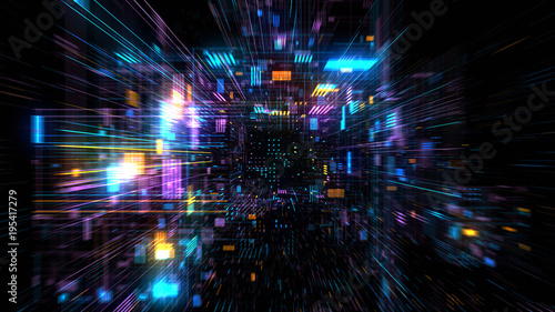 Futuristic HUD tunnel. Display screens for tech titles and background  news headline business intro. Motion graphic for abstract data center  server  internet  speed. 3D render