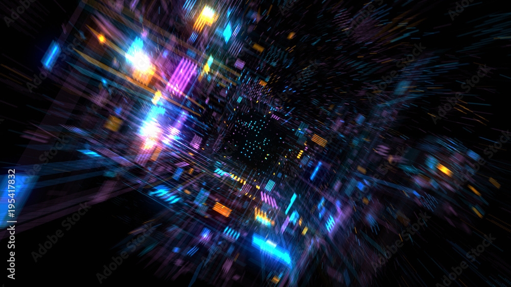 Obraz premium Flight into Abstract 3D cosmic futuristic HUD tunnel for music videos, night clubs, audiovisual show and performance, LED screens and projection mapping. 3D render