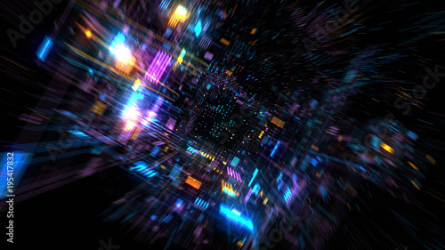 Flight into Abstract 3D cosmic futuristic HUD tunnel for music videos, night clubs, audiovisual show and performance, LED screens and projection mapping. 3D render