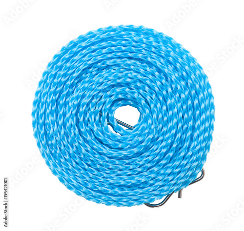Roll of blue rope isolated on white background
