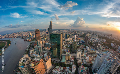 HO CHI MINH, VIETNAM - NOV 20, 2017: Royalty high quality stock image aerial view of Ho Chi Minh city, Vietnam. Beauty skyscrapers along river light smooth down urban development in Ho Chi Minh City
