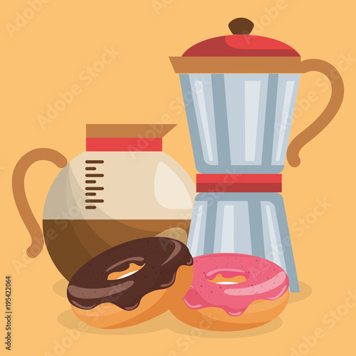 delicious coffee in teapot and donuts