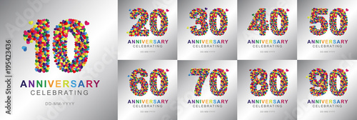 Number ten-ninety, 10th-90th years made from multicolor hearts. Love alphabet. anniversary, aniversary, ten to ninety years anniversary celebration logotype. 10-90 anniversary logo.