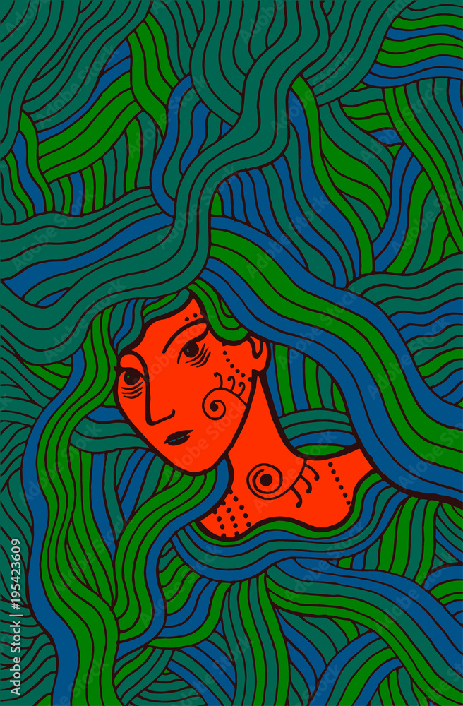Shaman mystic girl with wavy hair. Doodle artwork. Vector illustration Shaman mystic girl with wavy hair. Doodle artwork. Vector illustration
