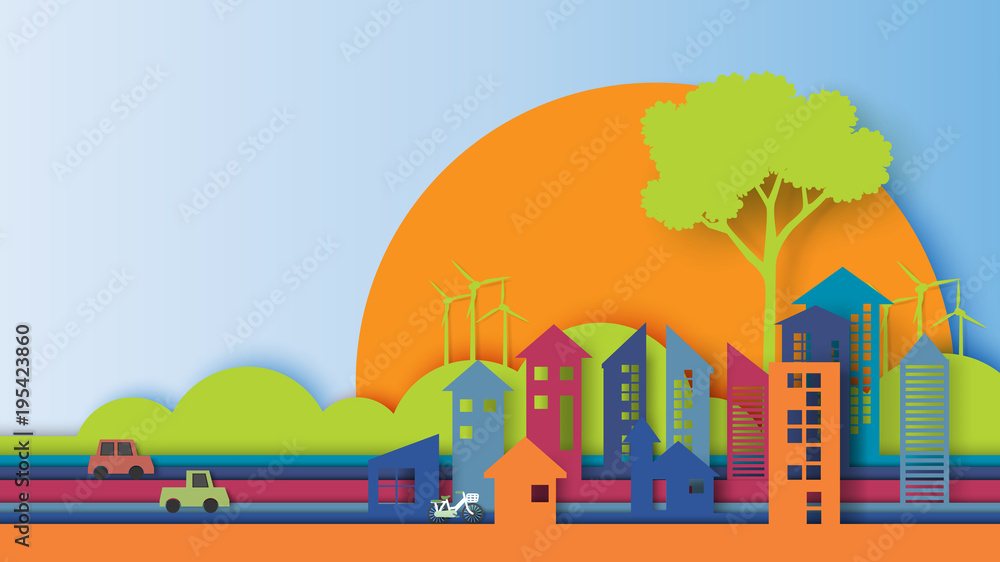 Green eco friendly city and urban forest landscape abstract background.Nature and environment conservation concept with colorful paper art design.Vector illustration. Green eco friendly city and urban forest landscape abstract background.Nature and environment conservation concept with colorful paper art design.Vector illustration.