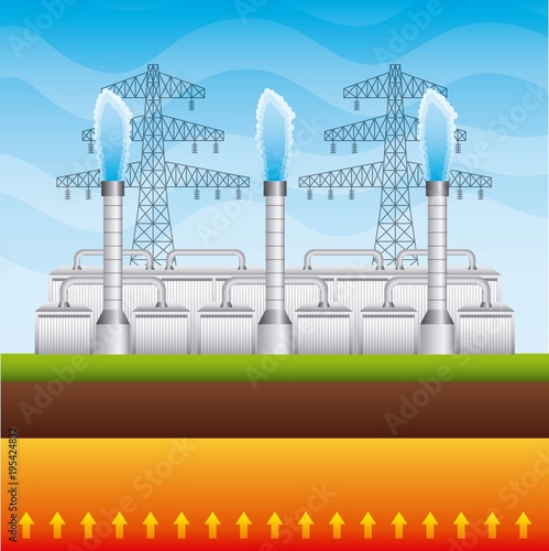 electricity pylons and geothermal plant - renewable energy vector illustration