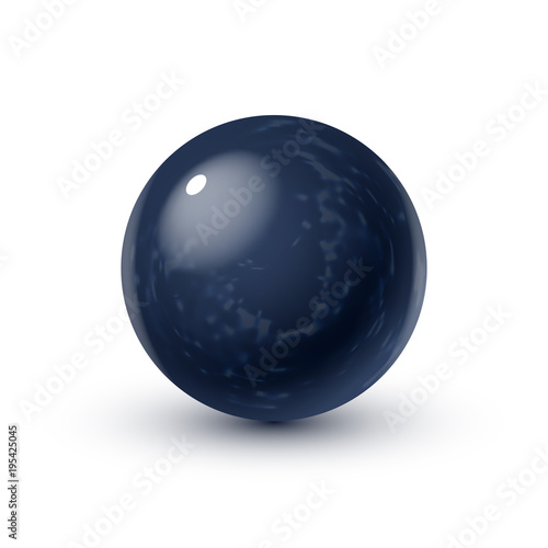 Realistic glass sphere with shadows, reflection of sky in mirror surface of dark blue pearl
