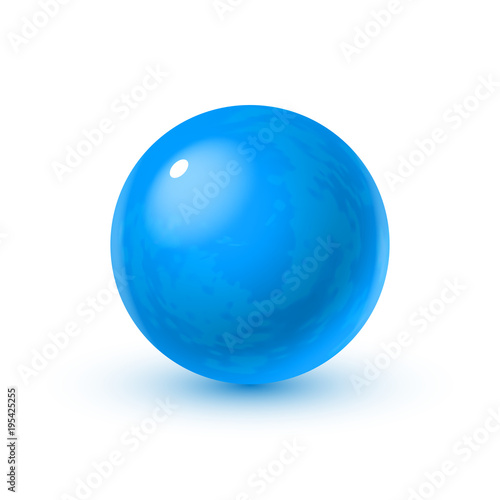 Realistic glass sphere with shadows, reflection of sky in mirror surface of blue pearl