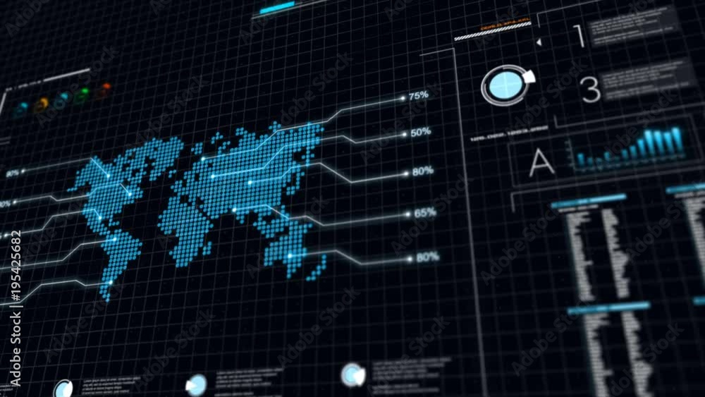UI User Interface Dark blue background with world map graph bar pi and HUD element for cyber technology and futuristic concept dark and grain processed
UI User Interface Dark blue background with world map graph bar pi and HUD element for cyber technology and futuristic concept dark and grain processed